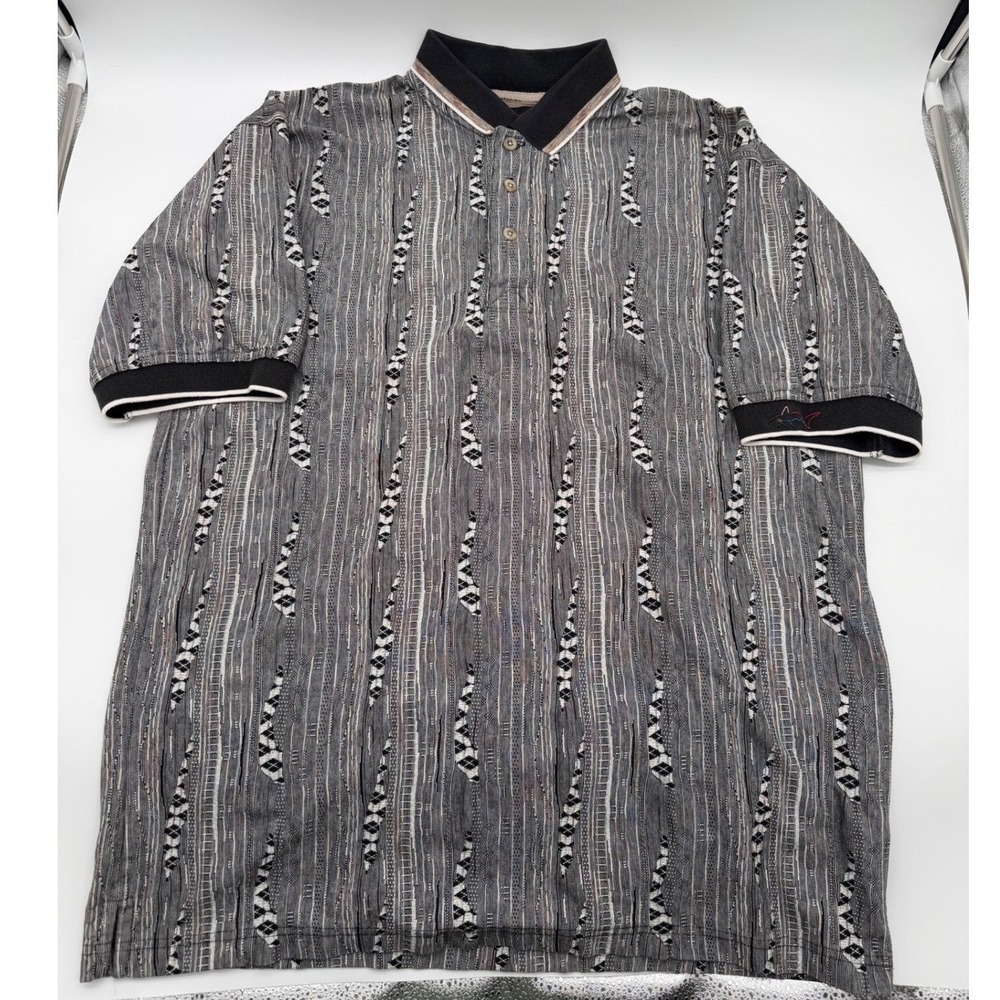Greg Norman Collection Mens Grey Geometric Knit Golf Polo Shirt Medium Vintage